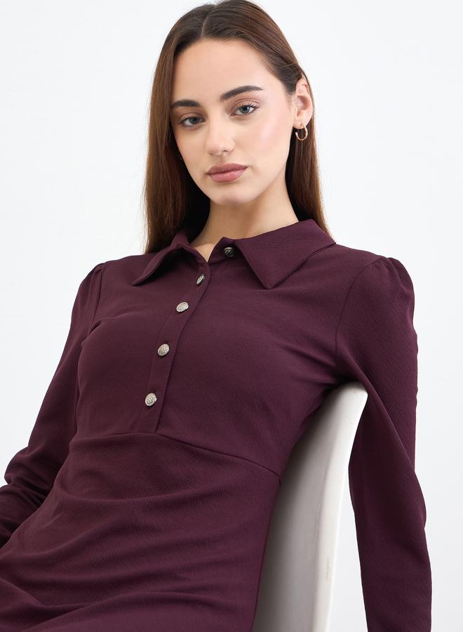 Styli Women Burgundy Polo Neck A-Line Midi Dress - Image 3